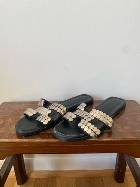 Black Oran Style Slide Sandals with Silver Disc Embellishments